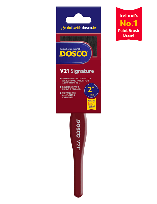 A 2" red Dosco V21 Signature paintbrush with Russet American handle & black bristle blend