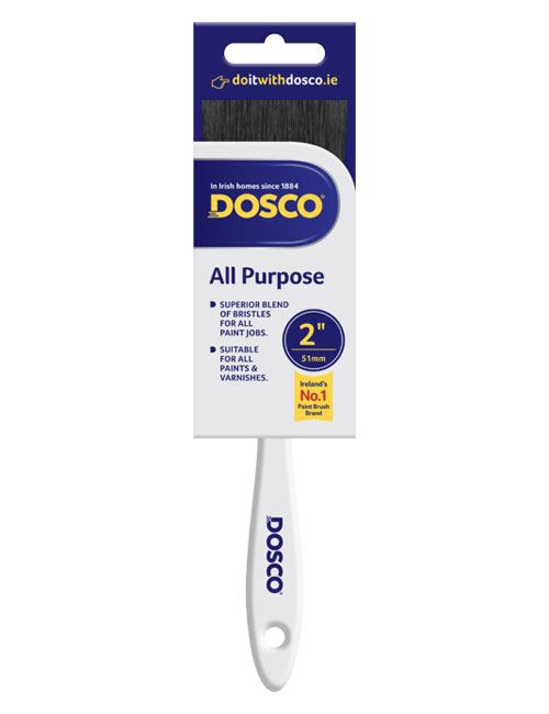 A 2" white Dosco V7 All Purpose Paint Brush with white handle and black blend of bristlesq