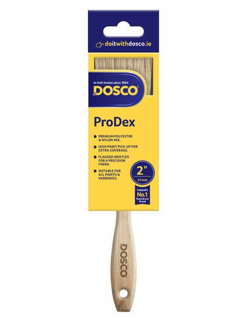 A 2" Dosco Prodex paint brush with wooden handle and golden brown polyester & nylon bristles