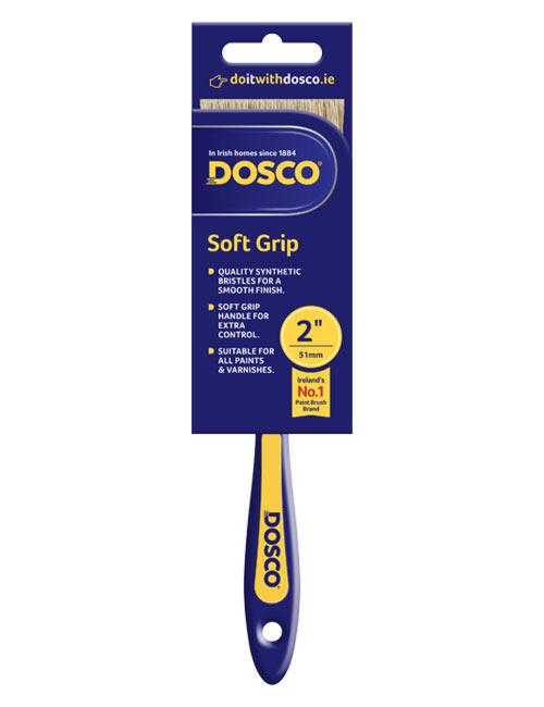 A blue 2" Dosco V11 Soft Grip paint brush with golden brown synthetic bristles