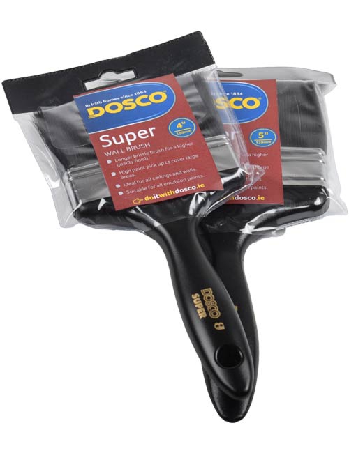 The Dosco Super Wall Brush with black handle and extra length black bristles in clear plastic packaging