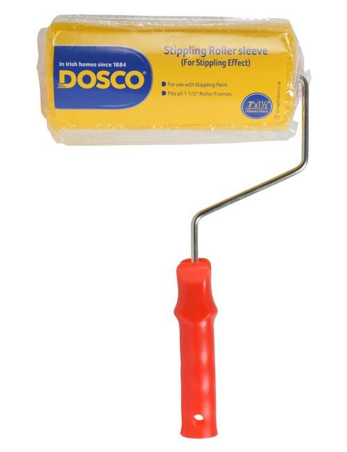 A complete Dosco 7" stippling rolller, with yellow stippled roller sleeve and red plastic handle
