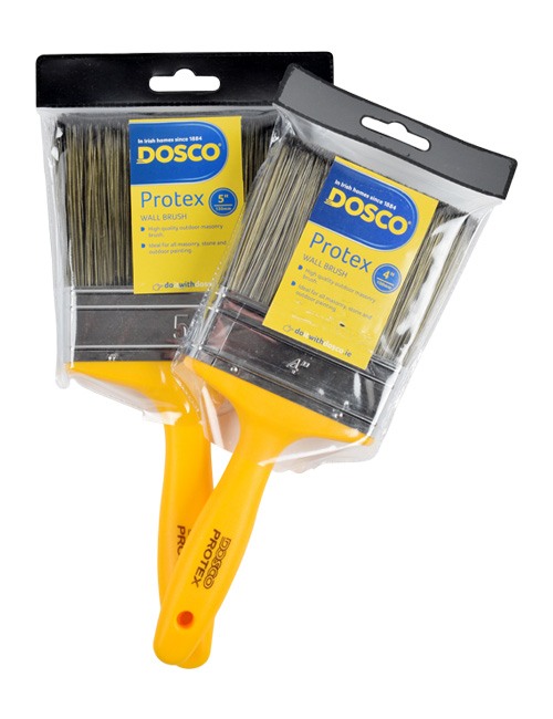 Yellow Dosco Protex Masonry Paintbrush with golden brown bristles in clear plastic packaging