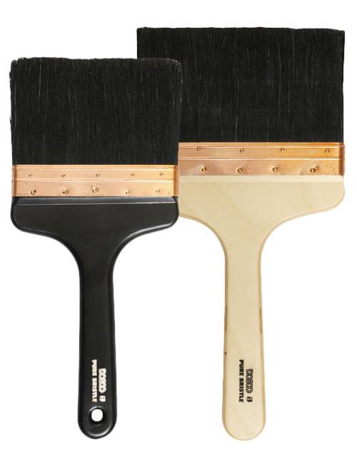 Black handled 6" and wooden handled 7" Dosco Kalsomine Brushes with long, black natural bristles for outdoor use