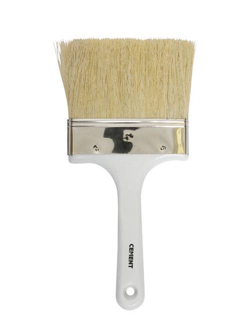 Cement brush with white, shaped handle and a wide head with golden brown mix of tough, rugged bristles