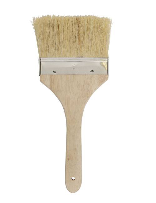 Wooden handled paint brush with wide, 6" head and tough, golden-brown bristles