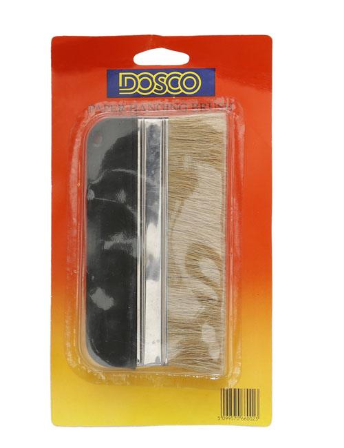 Black handled wallpaper brush with natural brown, soft bristles in clear plastic packaging with Dosco branded backing card.