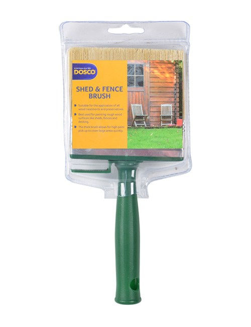 The Dosco Shed & Fence Brush with green plastic handle. The packaging depicts a wooden shed & garden furniture.