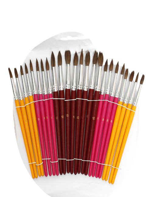 24 artist's brushes in different colours, different sizes and with a variety of thin and thick tips
