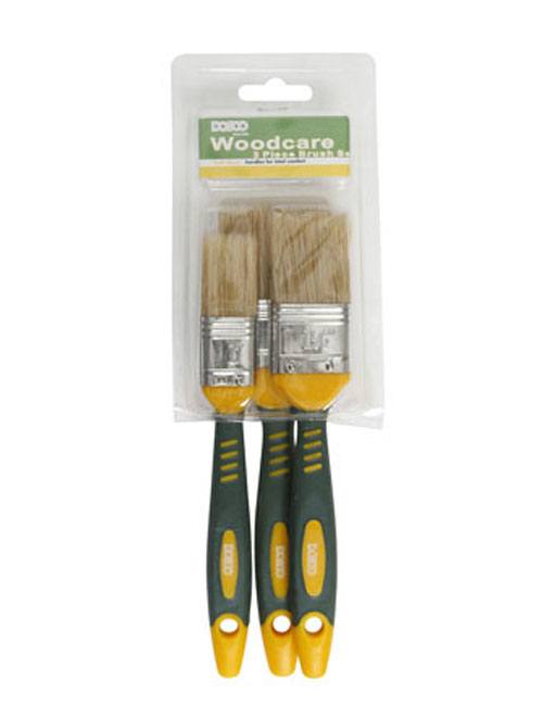 Plastic pack of 3 woodcare brushes with comfortable soft grip handles and white bristles