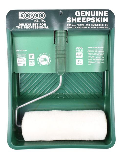An assembled paint roller set with a white sheepskin roller sleeve, and a green plastic handle and paint roller tray.