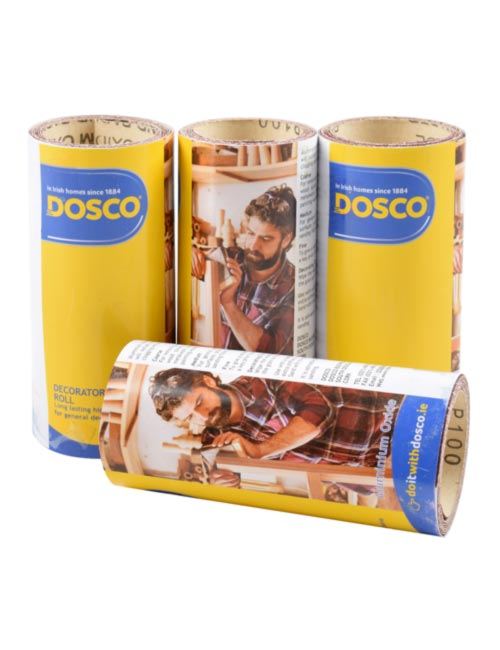 4 small 1 metre rolls of aluminium oxide sandpaper in Dosco blue & yellow packaging