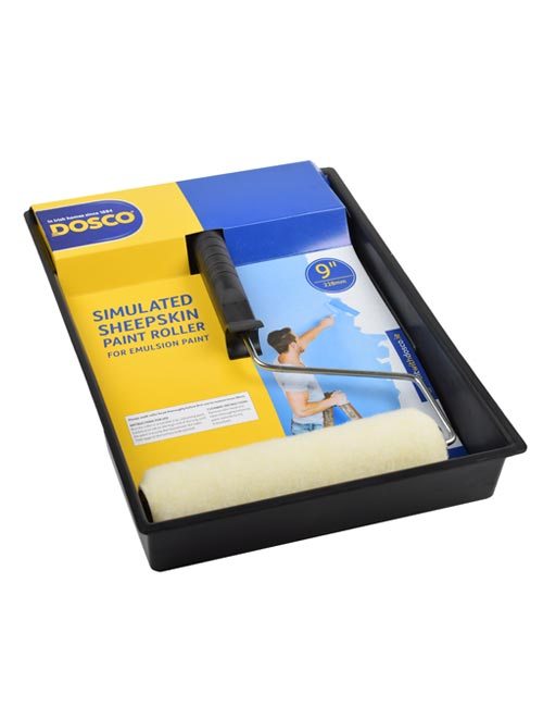 A paint roller frame with white simulated sheepskin roller sleeve in paint tray in Dosco blue & yellow packaging