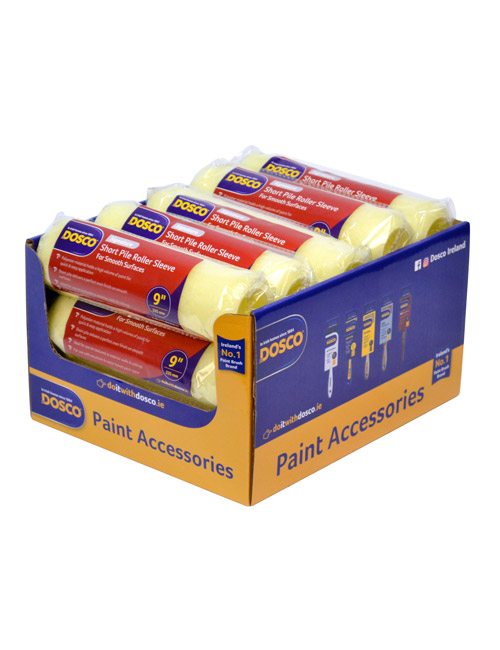 15 paint roller sleeves with red Dosco labels in a blue & yellow Dosco-branded cardboard display box