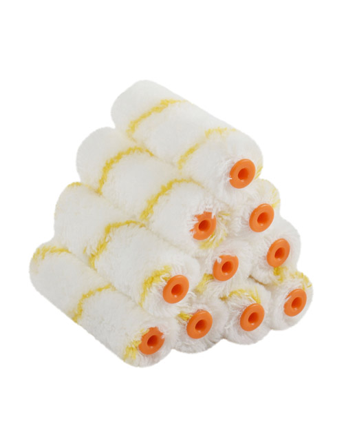 10 white 4" simulated wool paint roller sleeves with yellow stripes stacked in a triangular prism shape