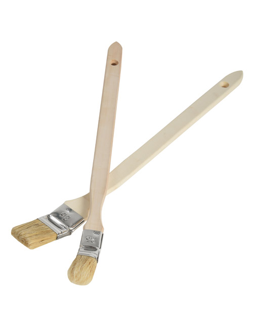 2 long-handled wooden paintbrushes with angled heads and blonde bristles