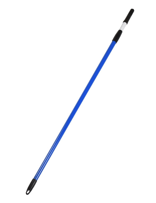 A blue extension handle for paint roller with black plastic push-on mechanism to attach a roller