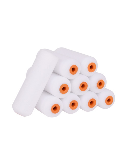 10 white 4" simulated foam roller sleeves - 9 are arranged in a pile, with one resting upright on the side