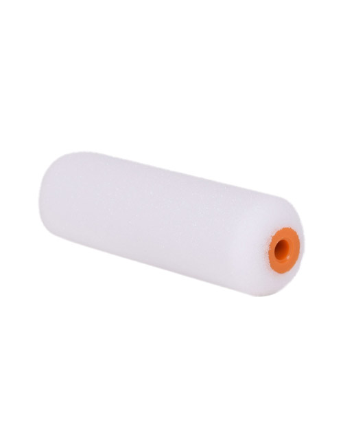 A white 4" gloss roller sleeve with orange plastic port for attaching a roller frame