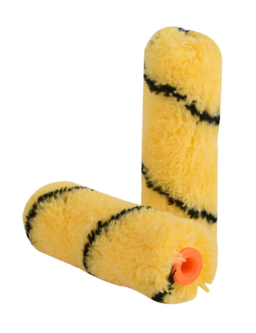 2 yellow 4" mini roller sleeves with black stripes - one stands upright, the other lies beside it