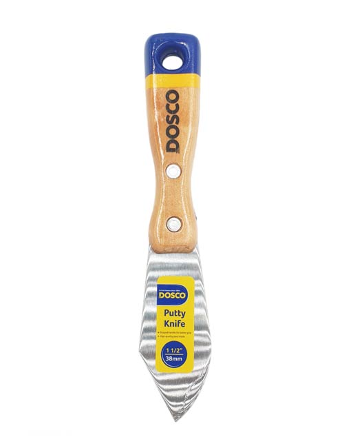 The Dosco 1 1/2" timber putty knife with steel blade & timber handle painted in the Dosco blue & yellow colours