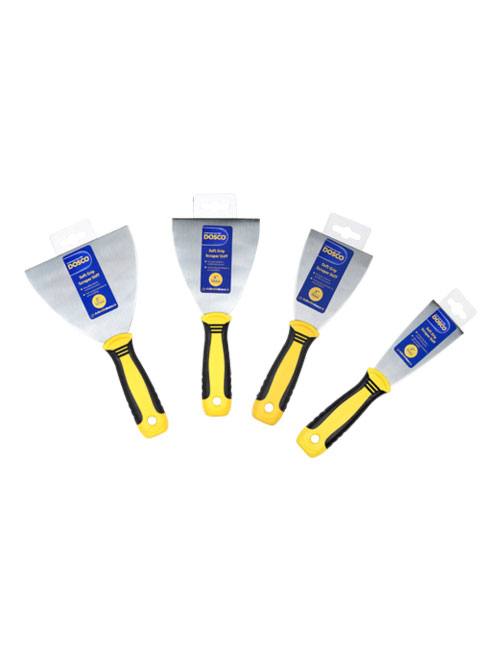 4 steel-bladed stiff paint scrapers of different sizes with black & yellow soft grip handles