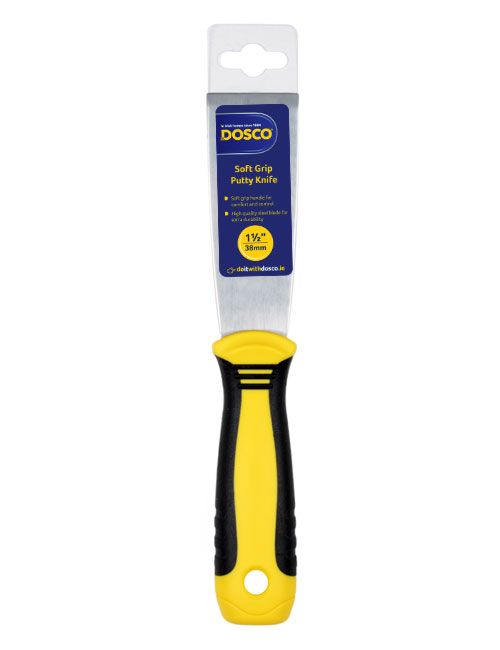A steel-bladed putty knife with a black & yellow soft grip handle