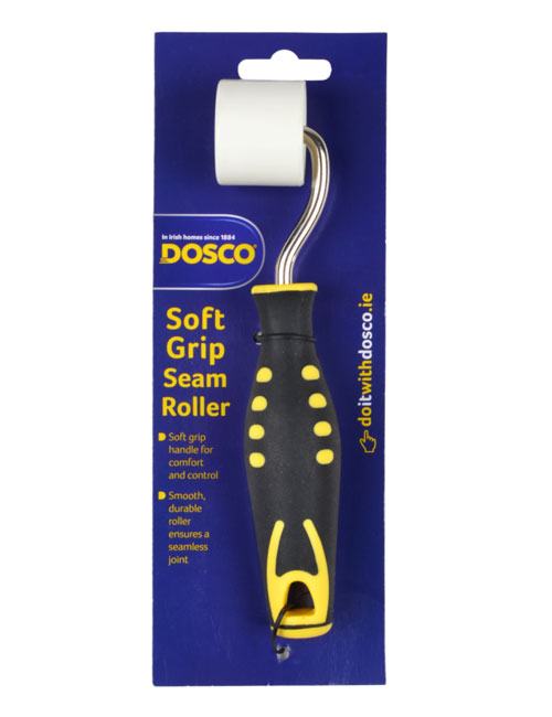 A white seam roller with metal frame and black and yellow soft grip handle on Dosco blue card