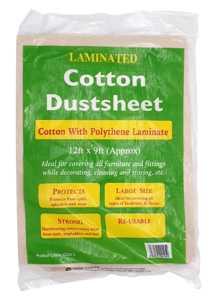 A folded beige cotton dustsheet wrapped in green Dosco packaging