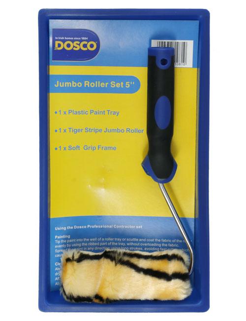 A 5" paint roller with soft-grip handle & tiger-stripe sleeve in blue plastic paint tray in Dosco blue & yellow packaging