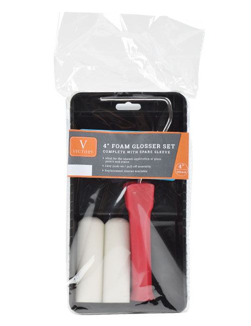 A red-handled 4" mini roller in paint tray with 2 white gloss mini-roller sleeves in Victory orange packaging