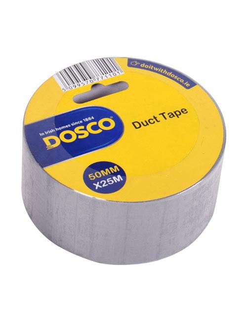 A roll of silver adhesive duct tape in Dosco blue & yellow packaging