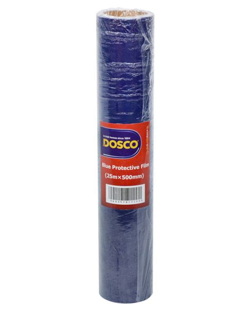 A roll of blue protective painting film in plastic wrapping with a red Dosco label inside
