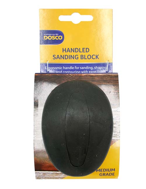 The Dosco Handled Sanding Block in Dosco yellow & blue cardboard packaging