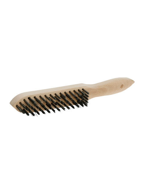 A wire brush with 5 rows of wire bristles and a comfortable shaped beech timber handle