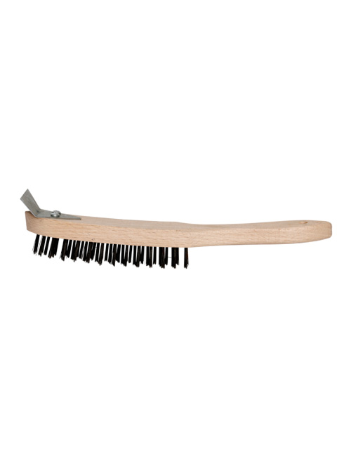 A wire brush with 4 rows of wire bristles and a comfortable shaped beech timber handle with metal heavy duty scraper