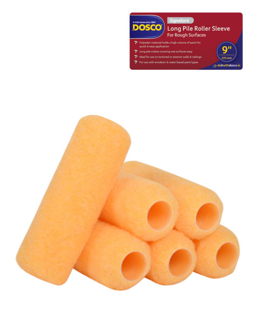 6 orange polyester Dosco Signature Long Pile Roller Sleeves with red & blue icon identifying the Dosco range