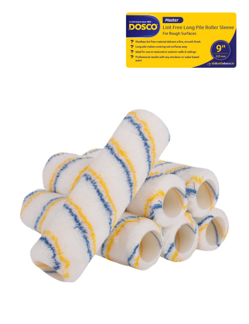 6 white Dosco Master Lint-Free long pile paint roller sleeves with blue & yellow stripes