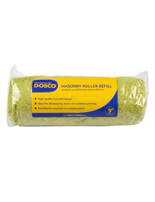 A green long pile masonry roller sleeve labelled in the Dosco blue and yellow colours